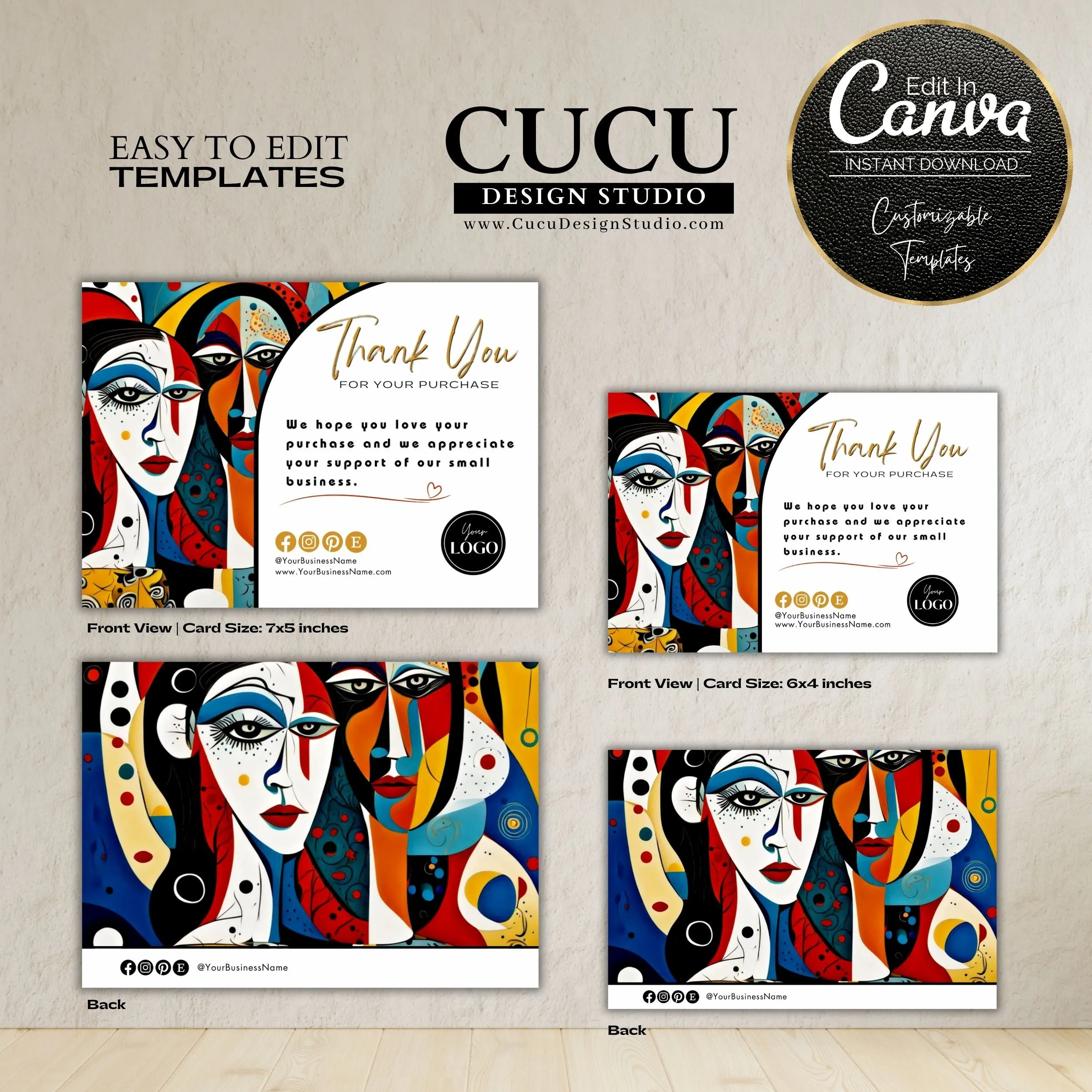 Abstract Woman Face Thank You For Your Purchase Printable Template | Canva Cards