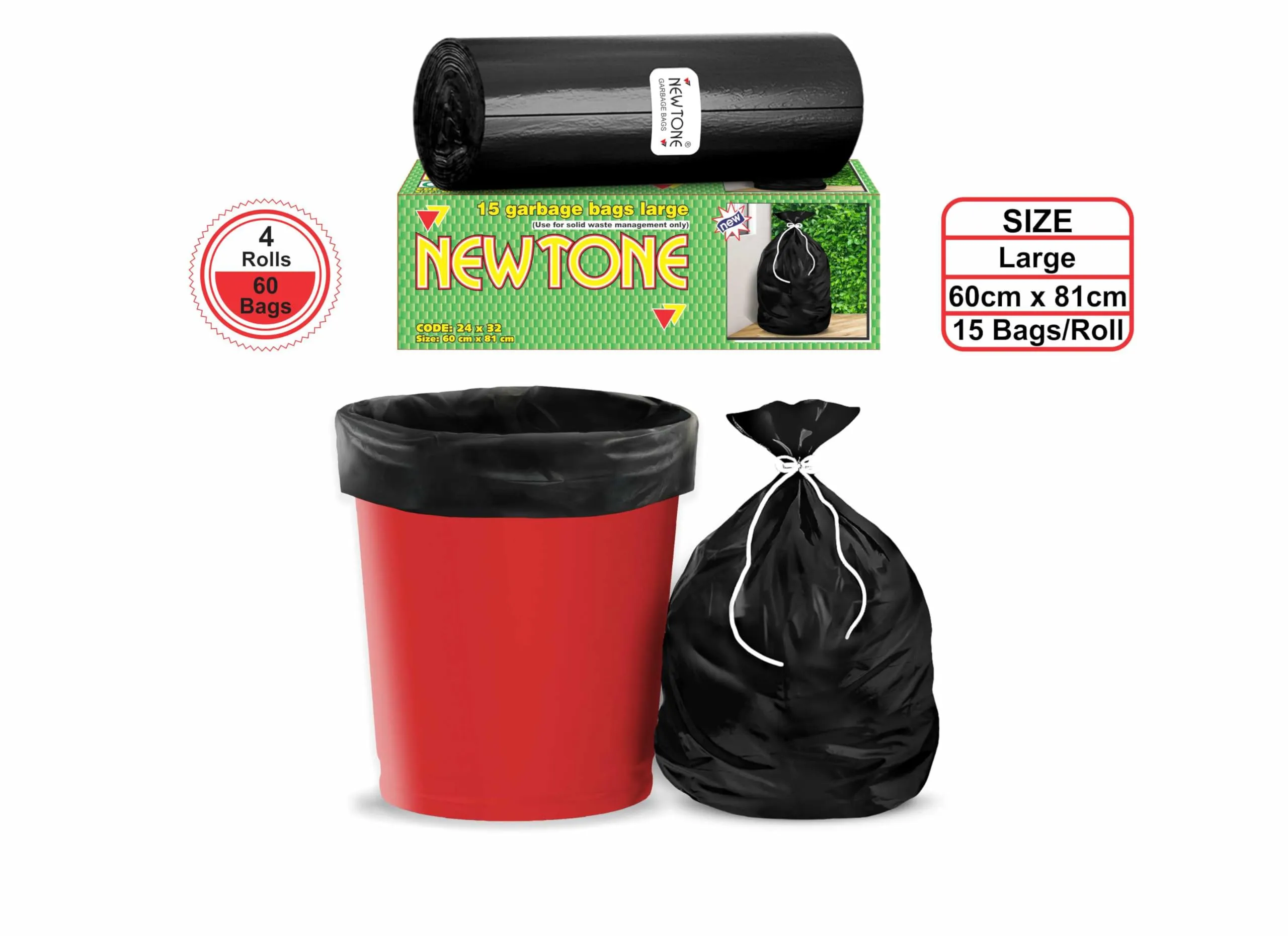 Newtone Premium Garbage Bags Size 24 X 32 Inches (Large) 60 Bags (4 rolls) Dustbin Bag/Trash Bag - Black Color