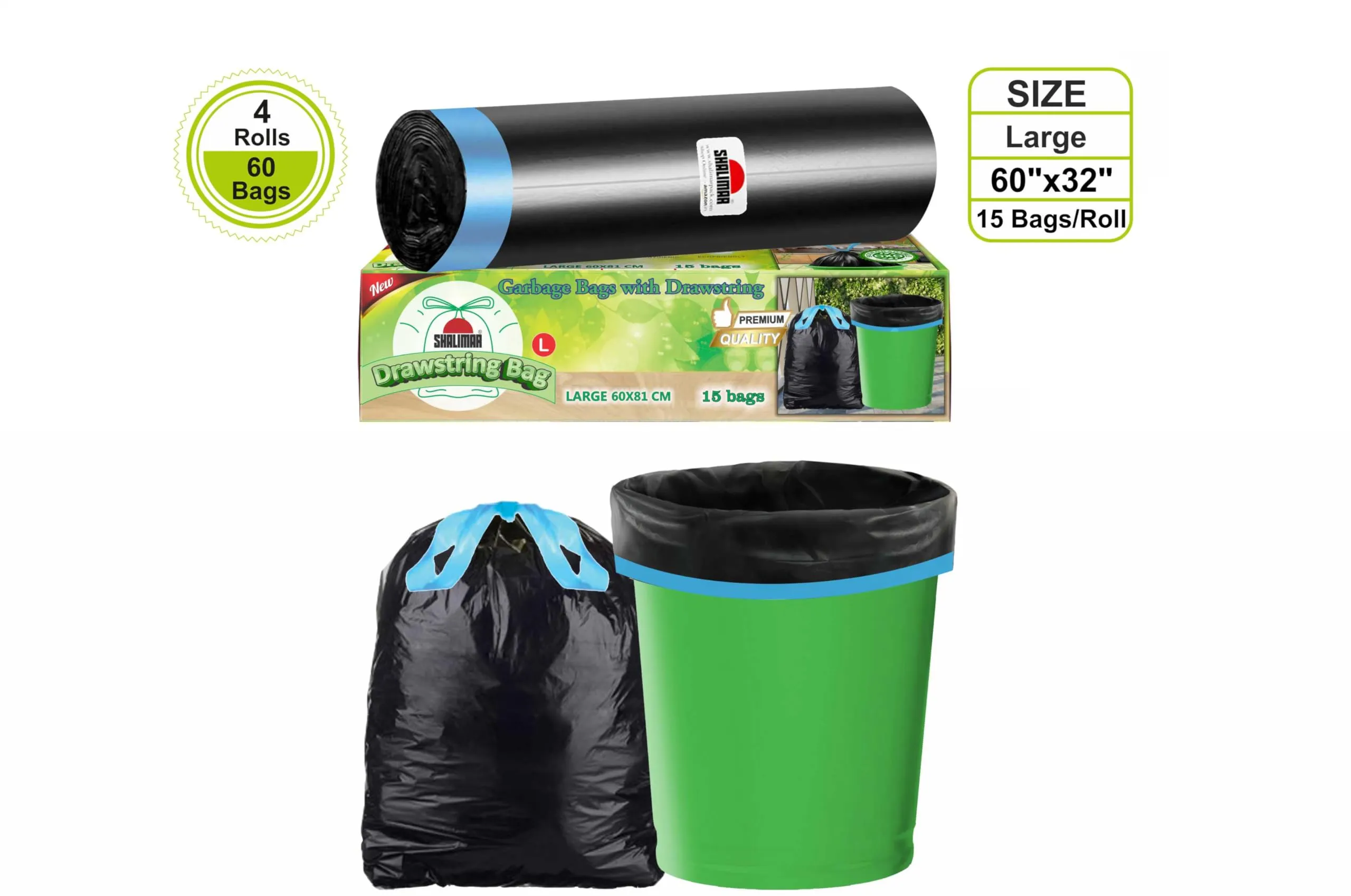 Shalimar Premium Drawstring Garbage Bags Size 24 X 32 Inches (Large) 60 Bags (4 rolls) Dustbin Bag/Trash Bag - Black Color