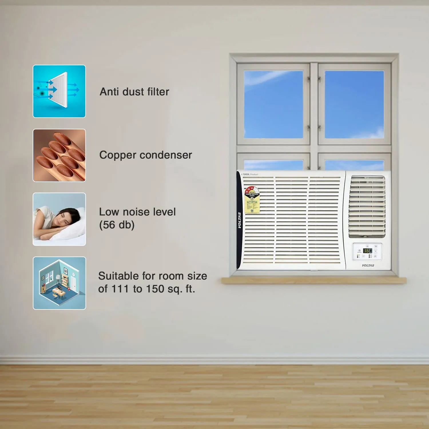 Voltas 183 Vectra Elite 1.5 Ton 3 Star, Fixed Speed Window AC (Copper, Turbo Mode, White)