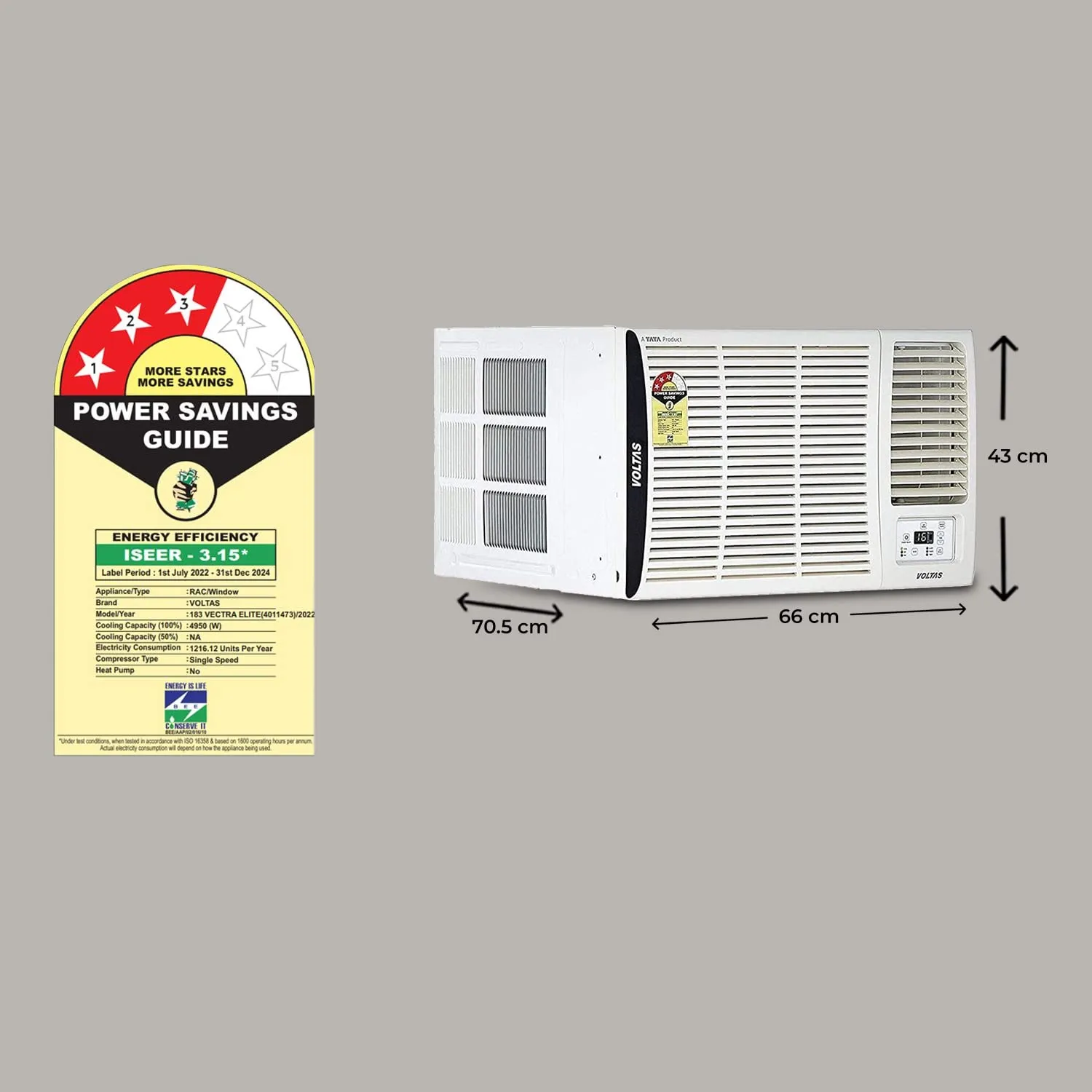 Voltas 183 Vectra Elite 1.5 Ton 3 Star, Fixed Speed Window AC (Copper, Turbo Mode, White)